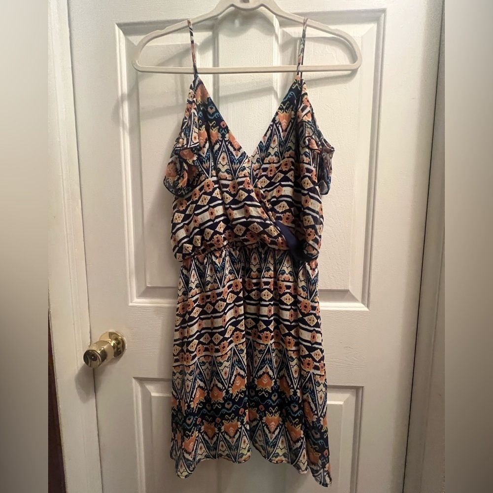 Orange and Blue Ruffled Mini Sundress with Spaghetti Straps